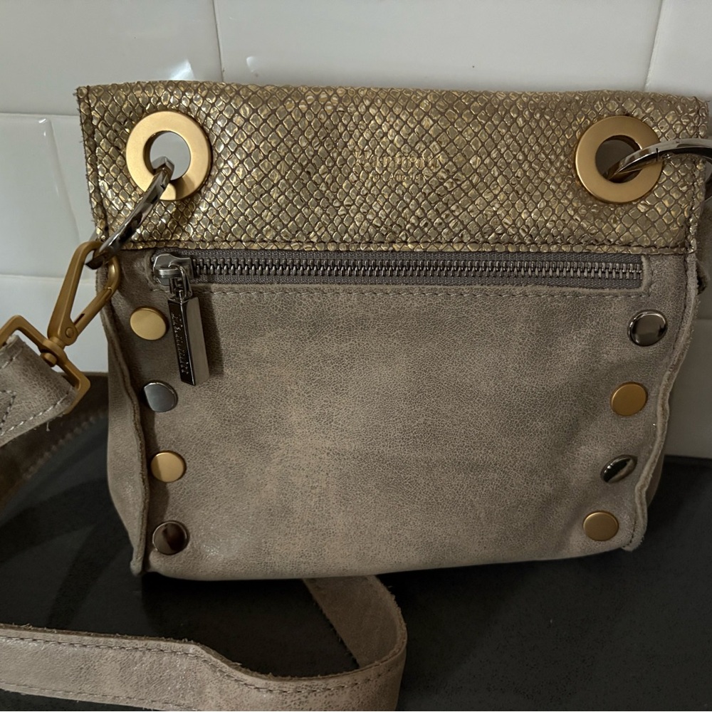 Hammitt Pewter Leather Crossbody with Gold Trim